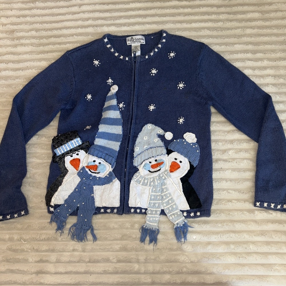 Heirloom Collectibles Blue Snow Man Ugly Christmas Zip Cardigan Sweater 8/10